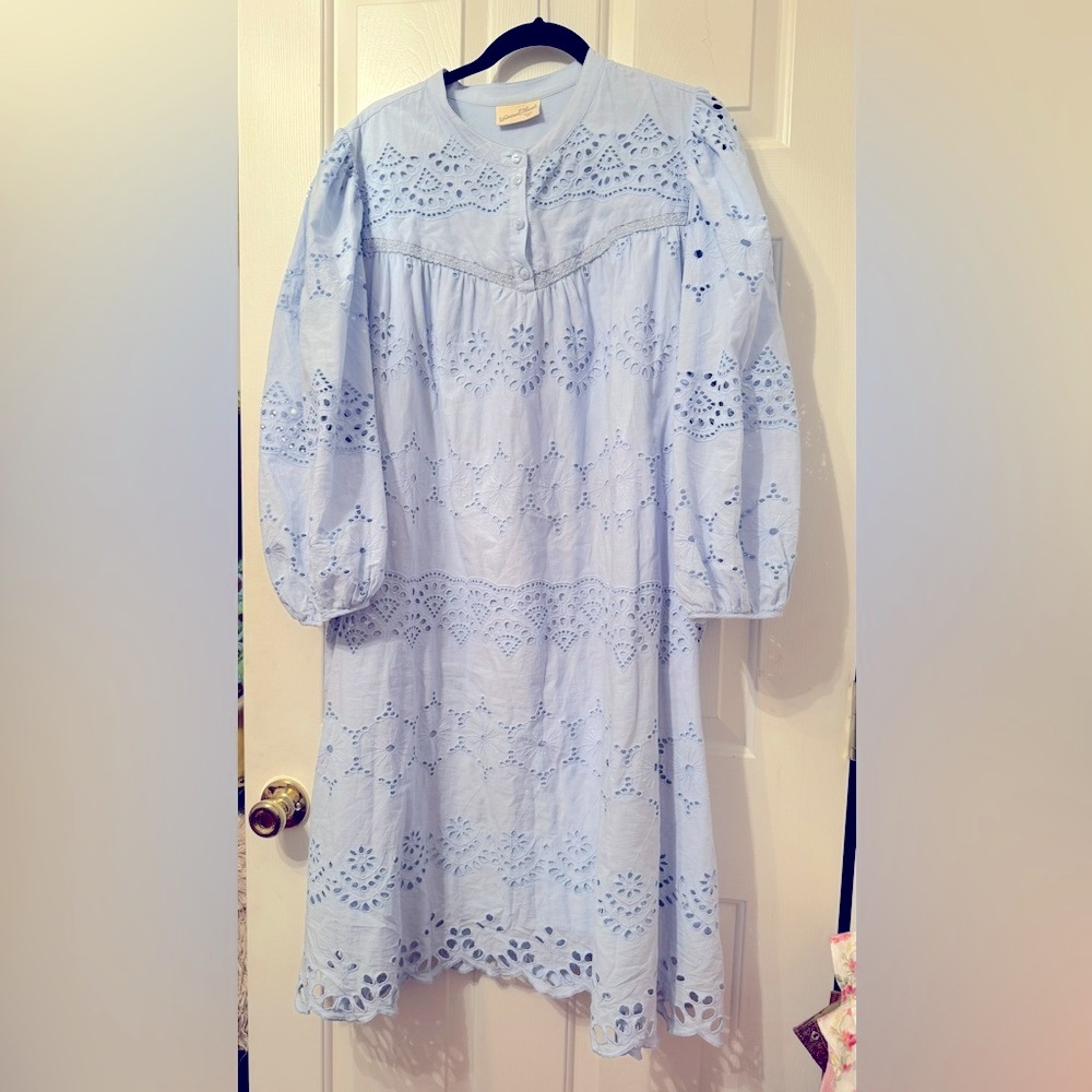 Universal thread  Blue Eyelet  Bishop Sleeve Knee-Length Dress Plus Size